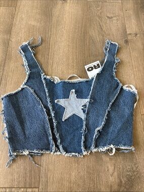 Fashion Nova Distressed Dark Blue Denim Star Crop Tank
